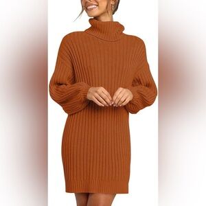 Long Sleeve Ribbed Turtleneck Sweater Dress in Burnt Orange Winter